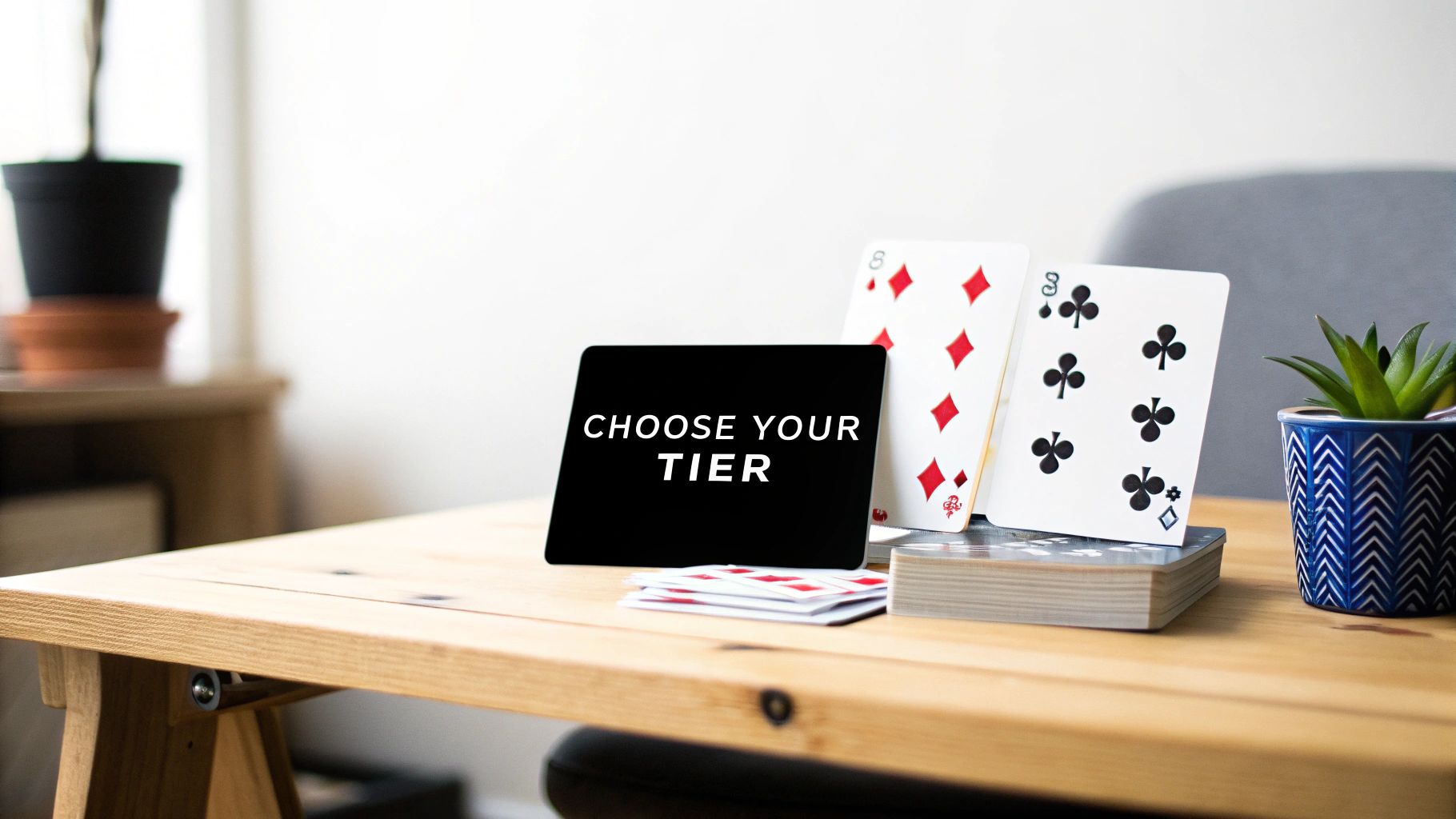 Black 'CHOOSE YOUR TIER' sign, playing cards, and a potted plant on a wooden table.