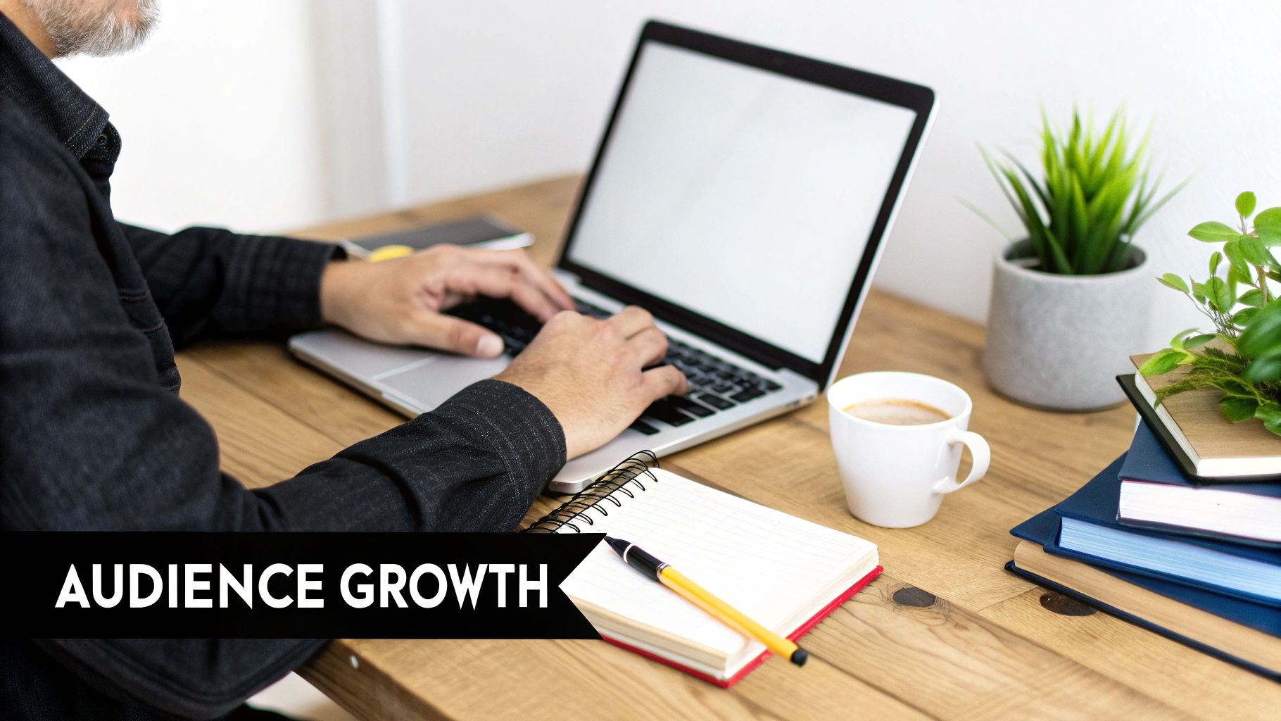 A person typing on a laptop at a wooden desk with coffee, a notebook, and plants.