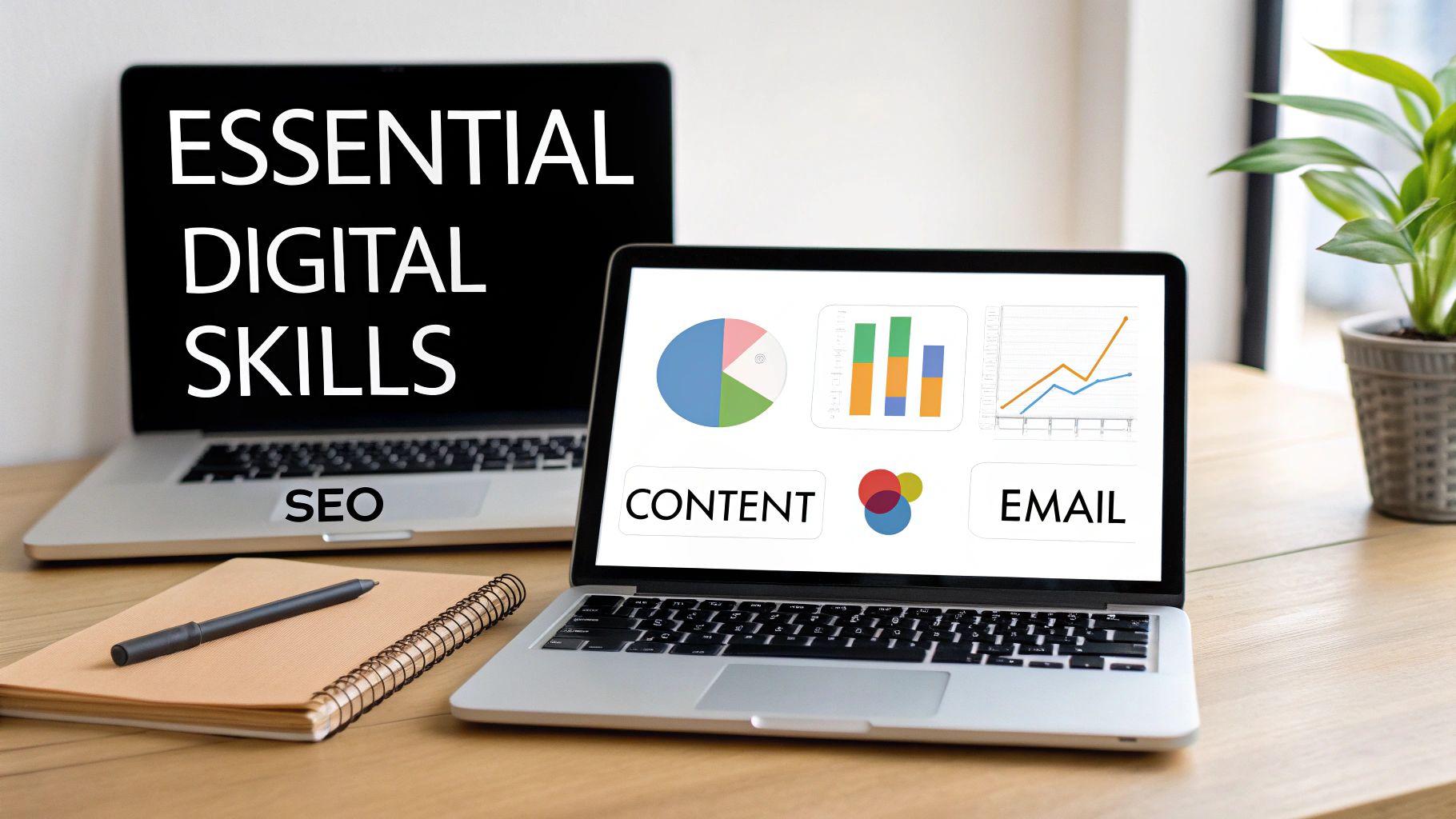 Two laptops on a desk displaying essential digital skills like SEO, content, and email marketing.