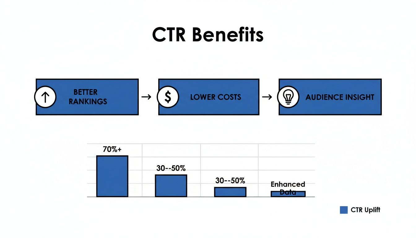 Diagram illustrating CTR benefits: better rankings, lower costs, and audience insights, with associated CTR uplift percentages.