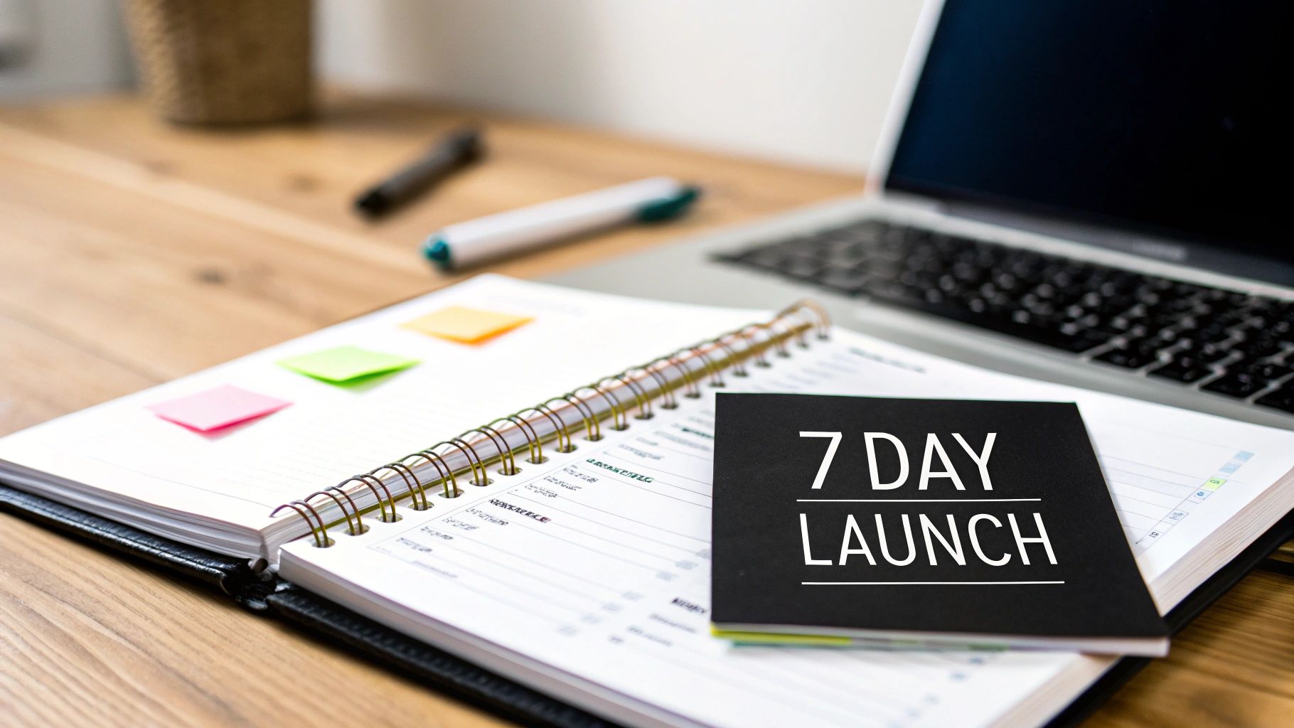A desk with an open planner, colorful sticky notes, a '7 DAY LAUNCH' notebook, and a laptop.