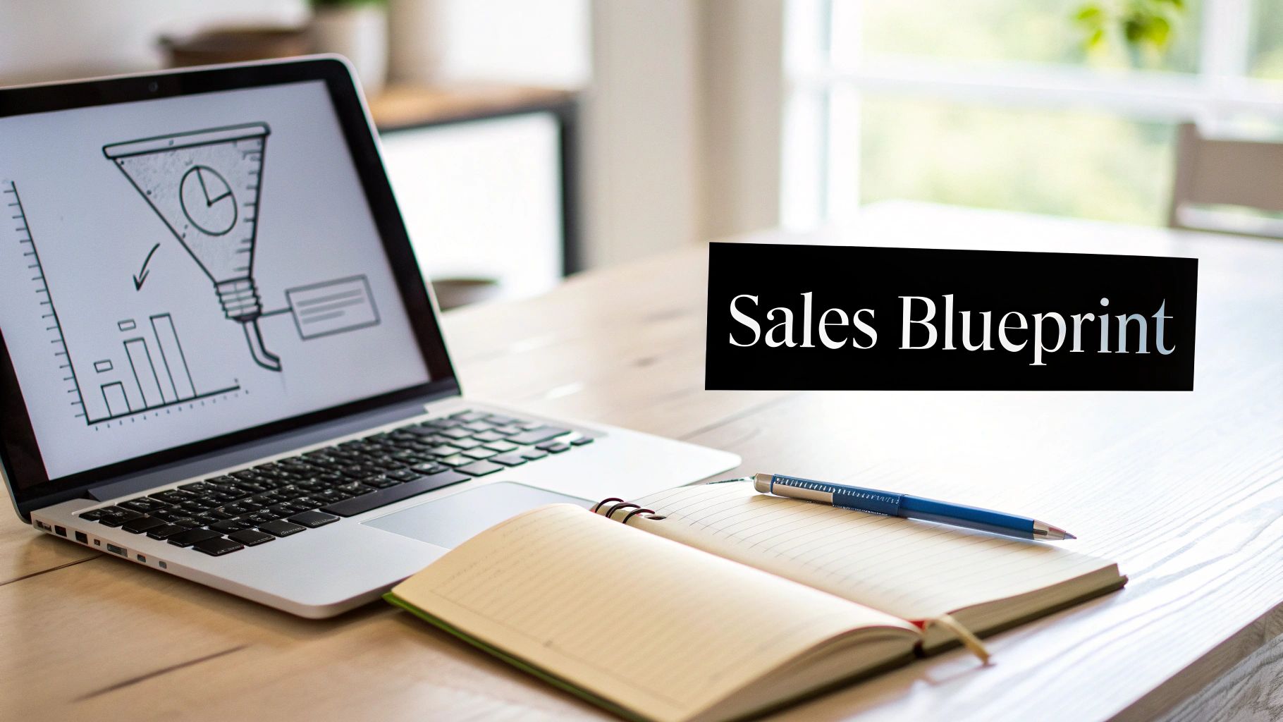 A laptop on a wooden desk displays a sales funnel diagram, next to an open notebook and pen.