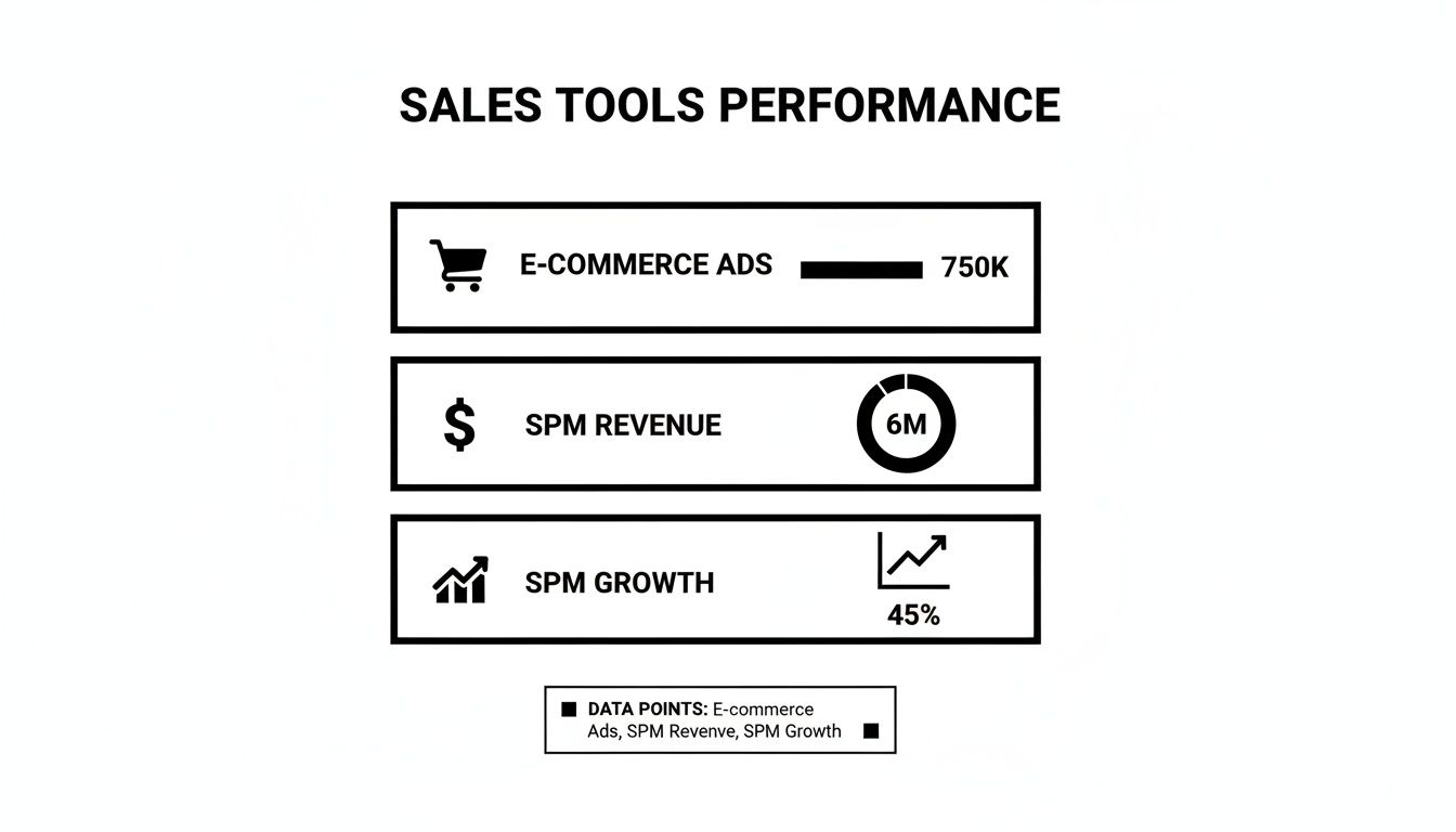 A sales performance dashboard showing E-commerce Ads, SPM Revenue, and SPM Growth metrics.
