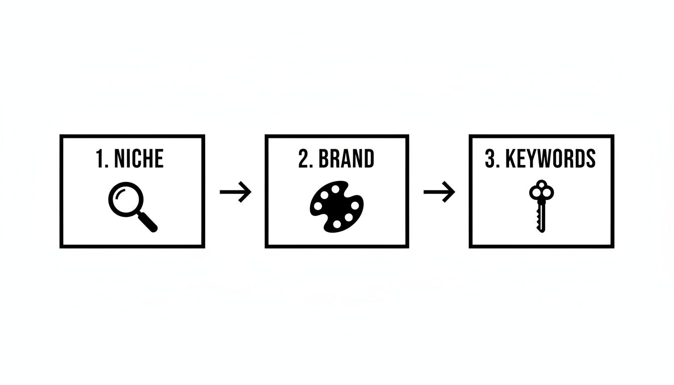 Three-step diagram showing 1. Niche with a magnifying glass, 2. Brand with a palette, and 3. Keywords with a key.
