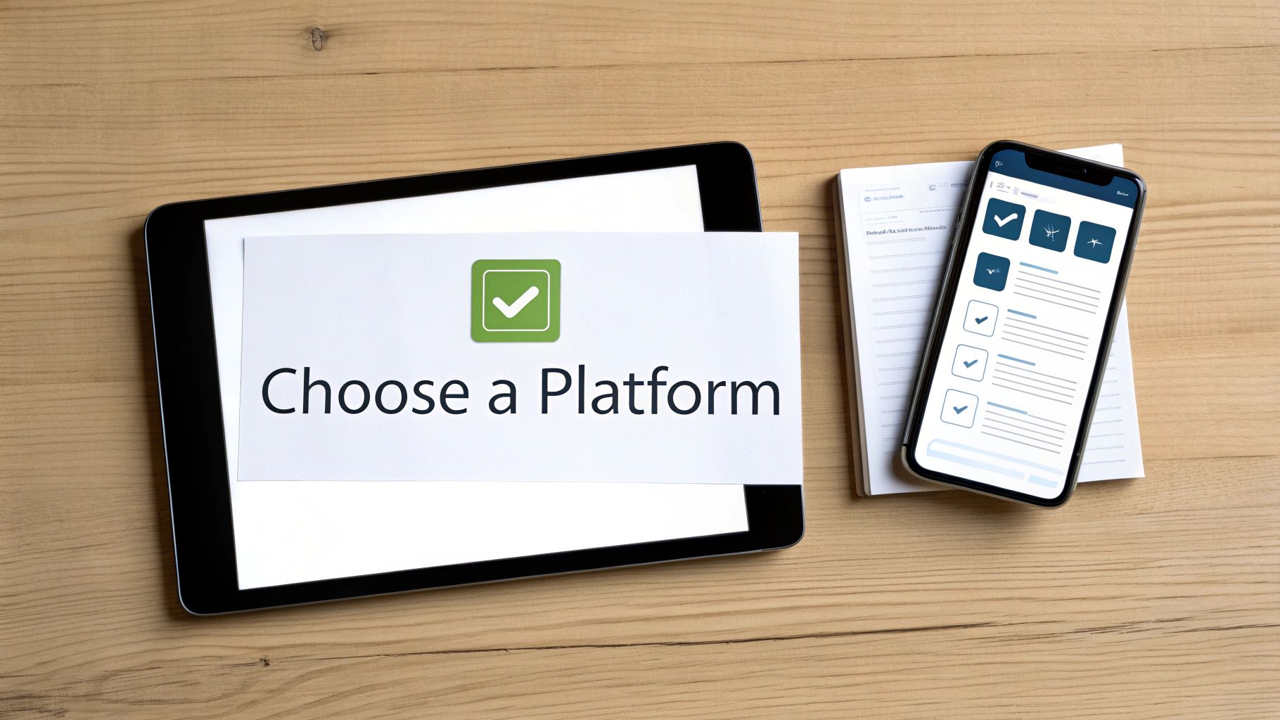 A tablet displays 'Choose a Platform' with a checkmark, beside a smartphone showing a checklist.