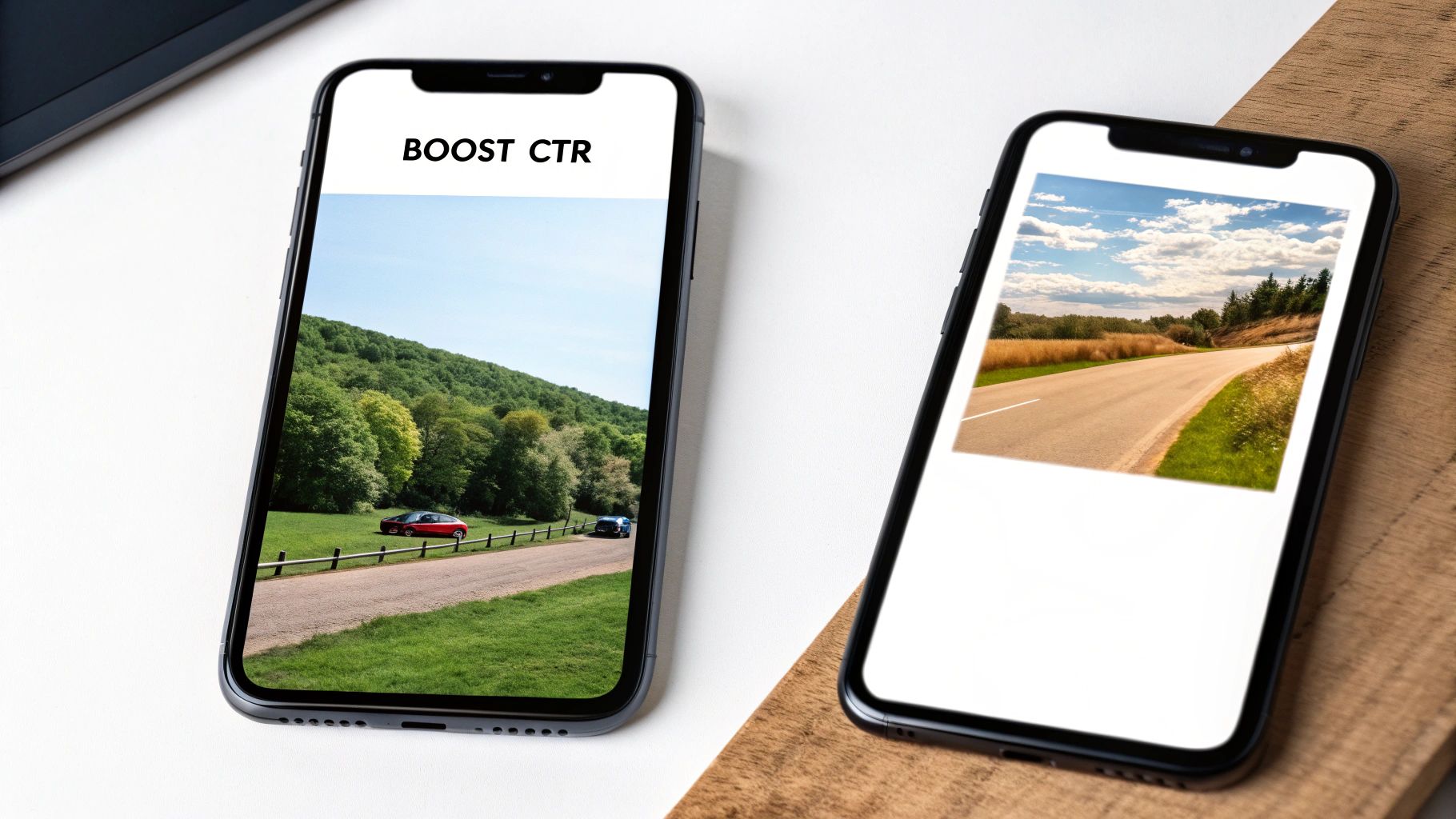 Two smartphones displaying images of roads, one with text 'BOOST CTR', on a white and wooden surface.
