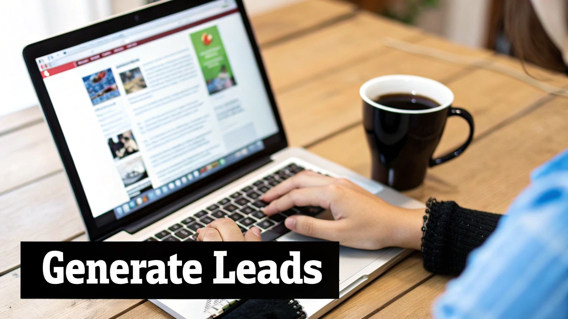 A person typing on a laptop keyboard with a black coffee mug on a wooden table, generating leads.