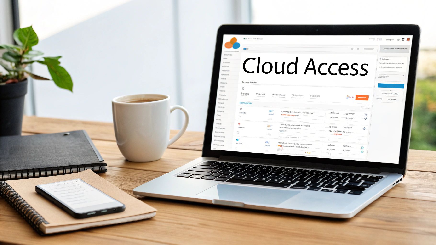 A laptop on a wooden desk displays 'Cloud Access', surrounded by coffee, notebooks, and a smartphone.