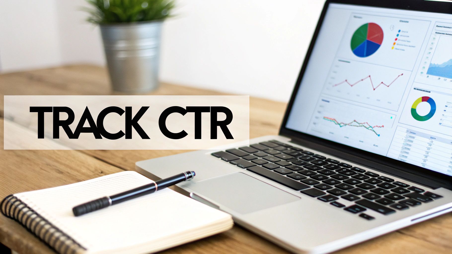A laptop showing data analysis charts and graphs, with 'TRACK CTR' text, a notebook, and pen.