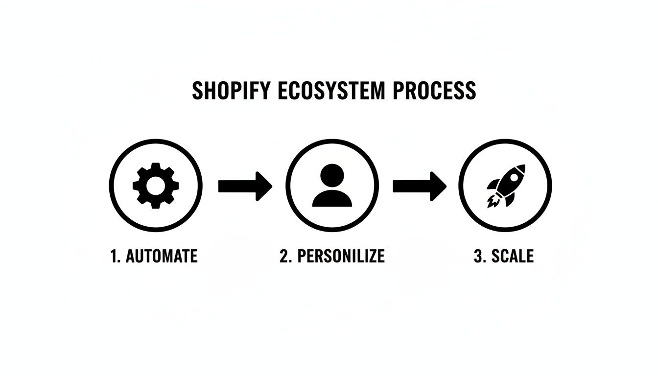 Three-step Shopify ecosystem process showing automate with a gear, personalize with a person, and scale with a rocket.