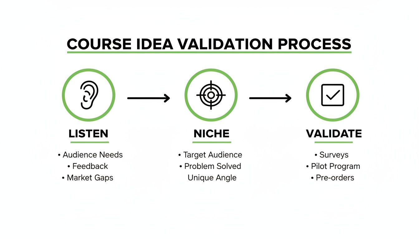 A flowchart outlining a three-step course idea validation process: Listen, Niche, and Validate.