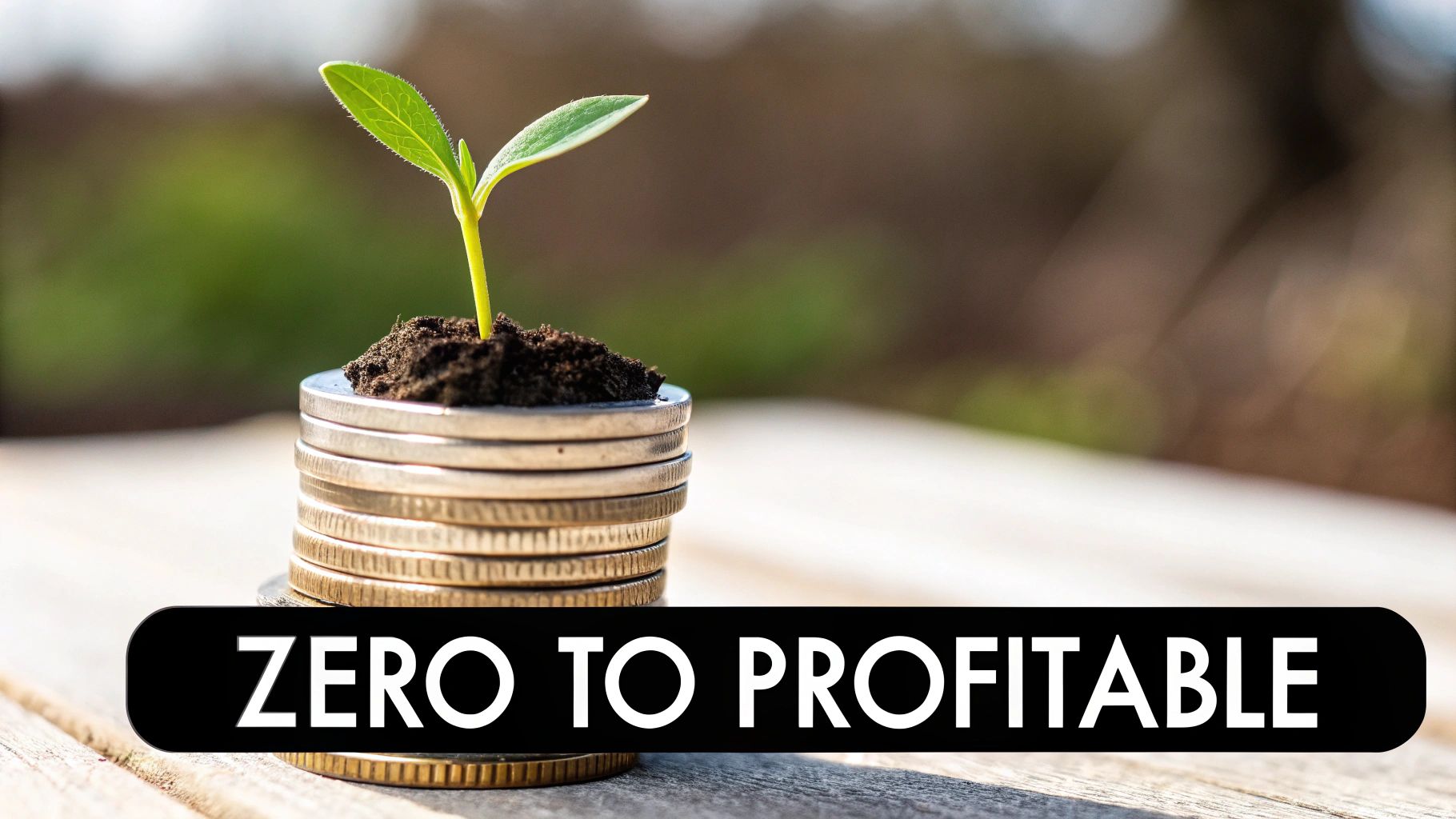 A vibrant green seedling grows from a stack of coins, symbolizing financial growth and profitability.