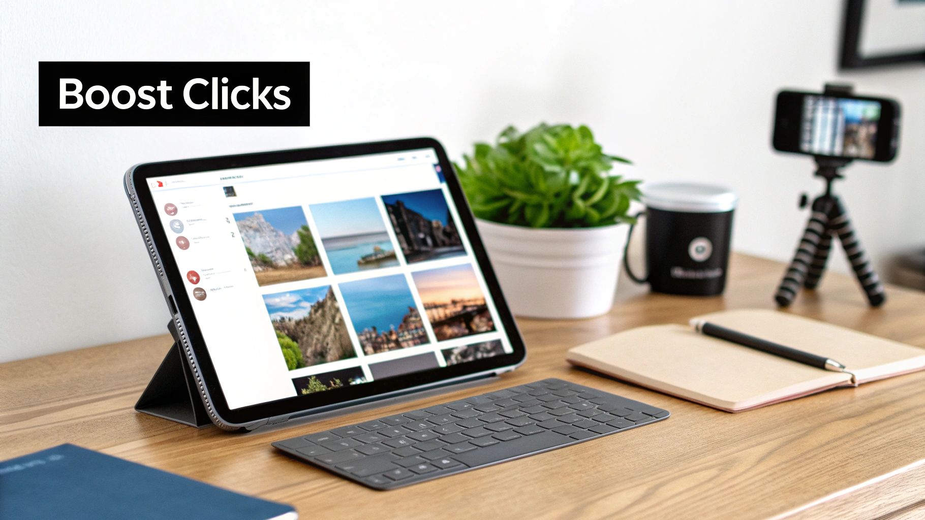 A desk setup with a tablet displaying photos, a keyboard, and a phone on a tripod, with 'Boost Clicks' text.