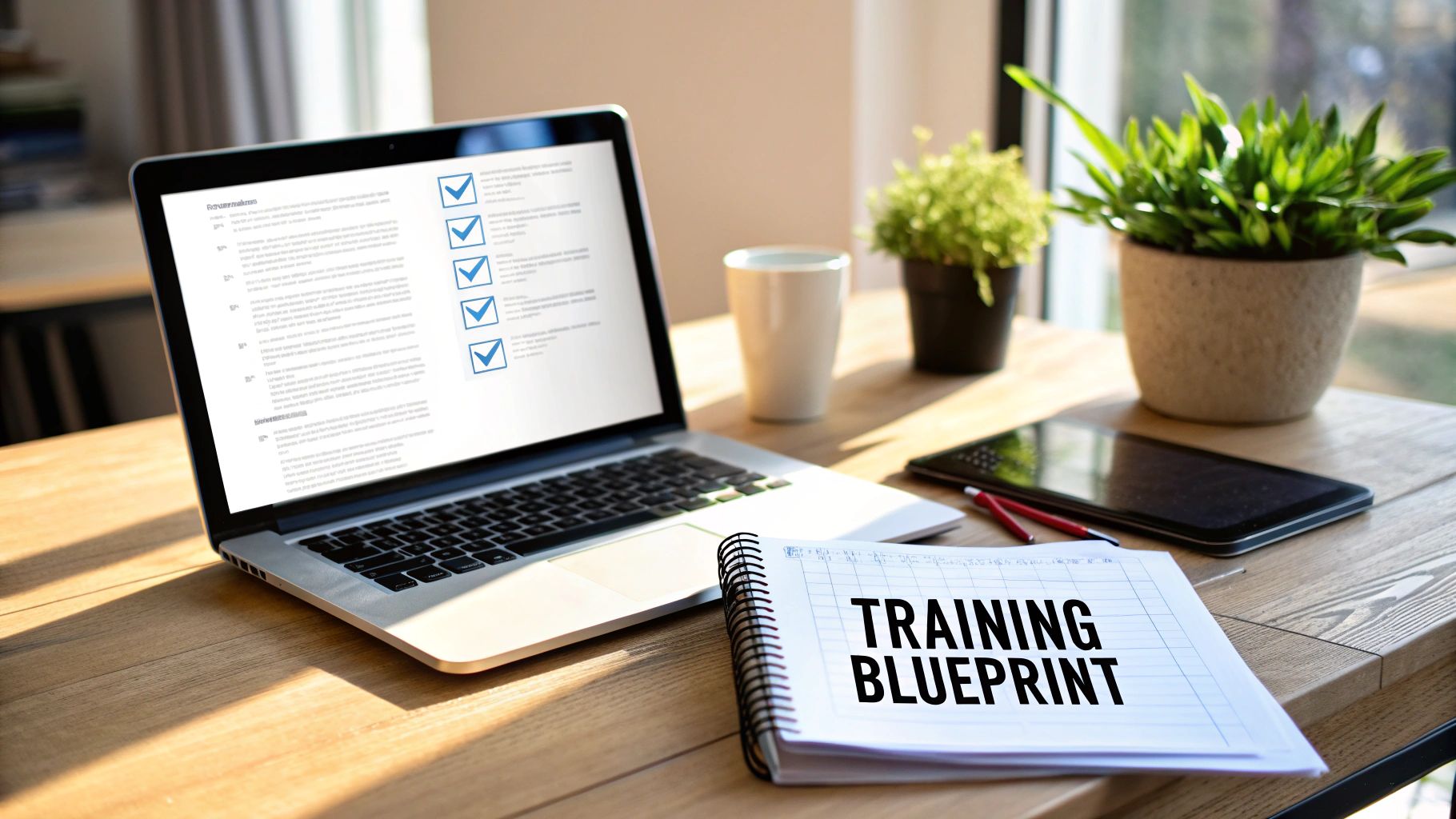 A laptop displaying a checklist, a notebook with 'TRAINING BLUEPRINT', and office essentials on a wooden desk.