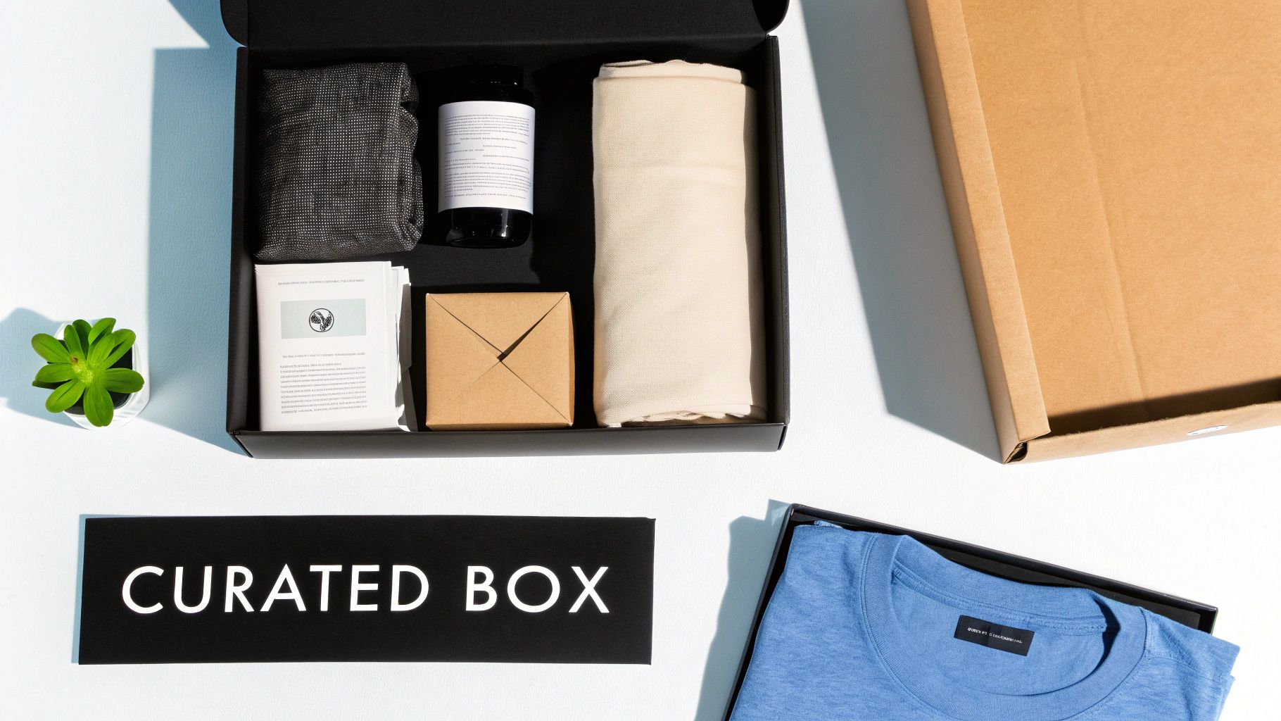Overhead view of a curated subscription box with a blue t-shirt, bottle, fabric, and other items.
