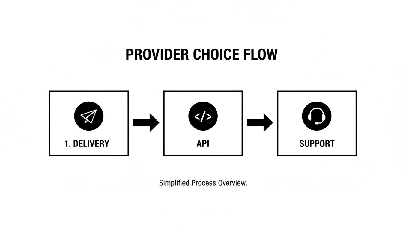 A flowchart depicting the Provider Choice Flow with steps: Delivery, API, and Support, simplifying the process.