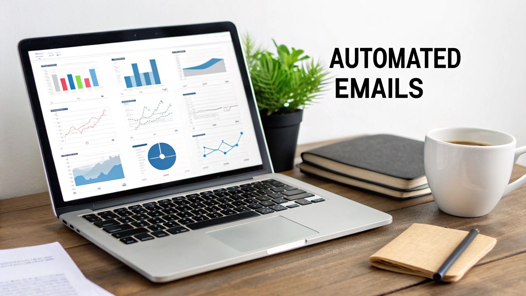 Laptop displaying data analytics charts and graphs next to 'AUTOMATED EMAILS' text, coffee, and notebooks on a wooden desk.