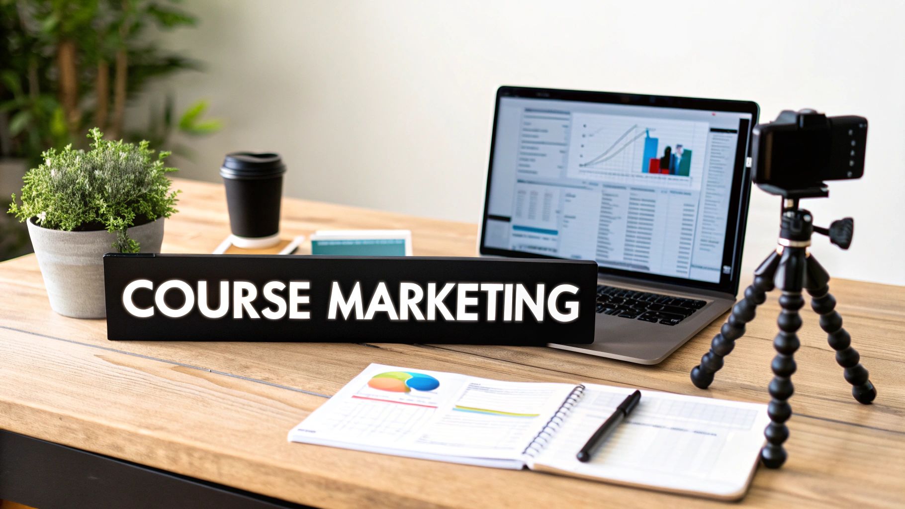 A desk with a 'COURSE MARKETING' sign, laptop displaying data, camera on tripod, and notebook.