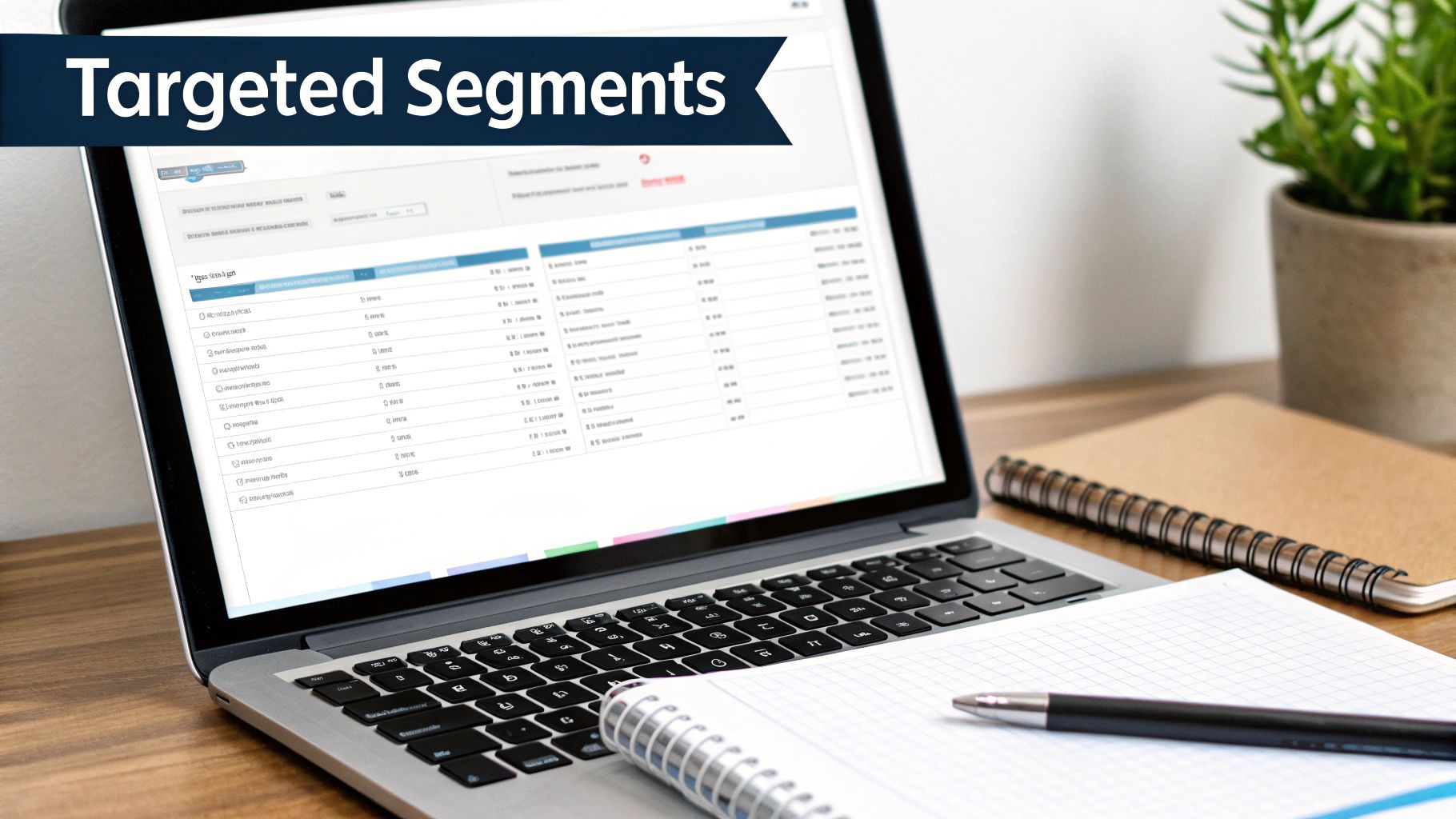 A laptop on a wooden desk displays 'Targeted Segments' and data, alongside a notebook and pen.