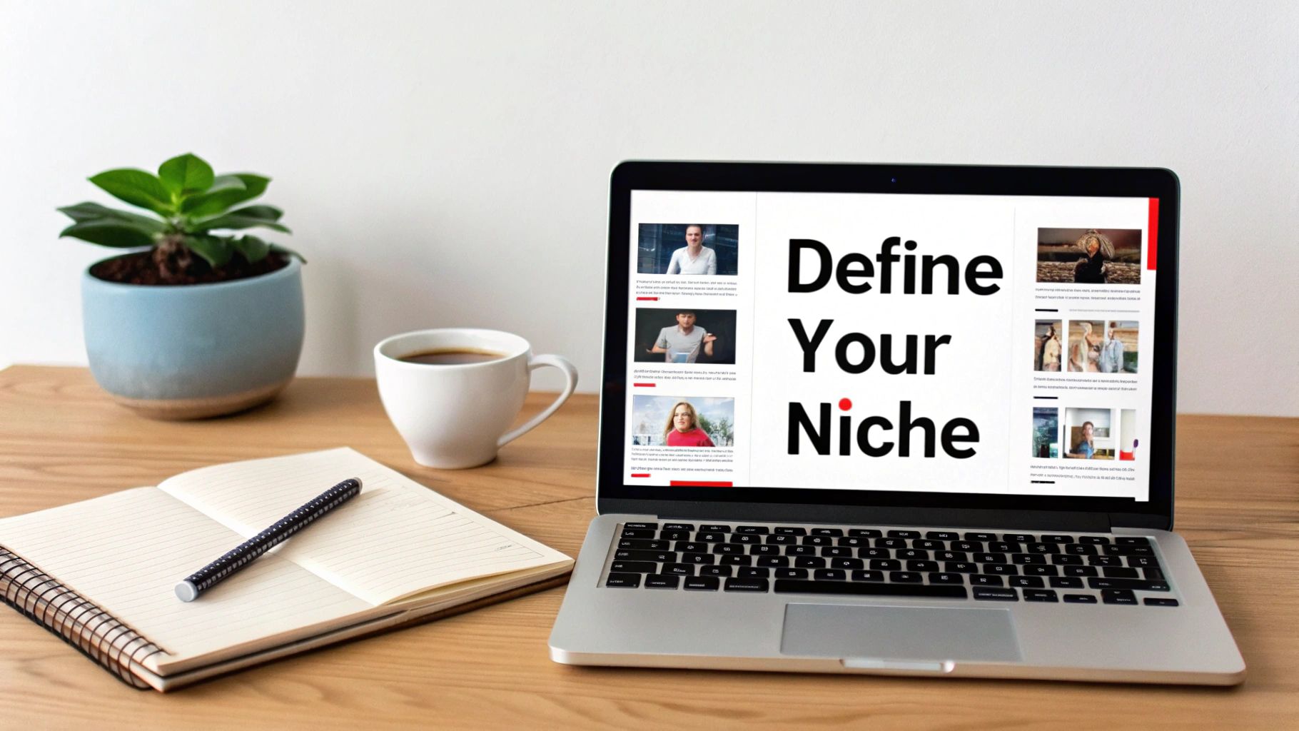 A laptop on a wooden desk displays 'Define Your Niche', next to a notebook, coffee, and a plant.