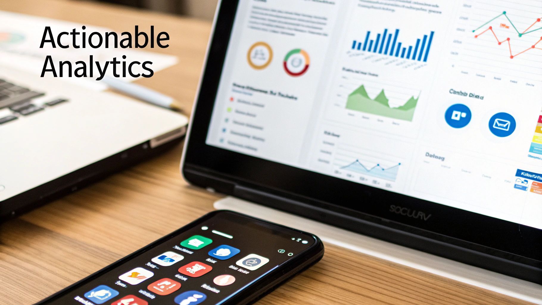 A laptop shows actionable analytics data visualizations, charts, and graphs next to a smartphone.