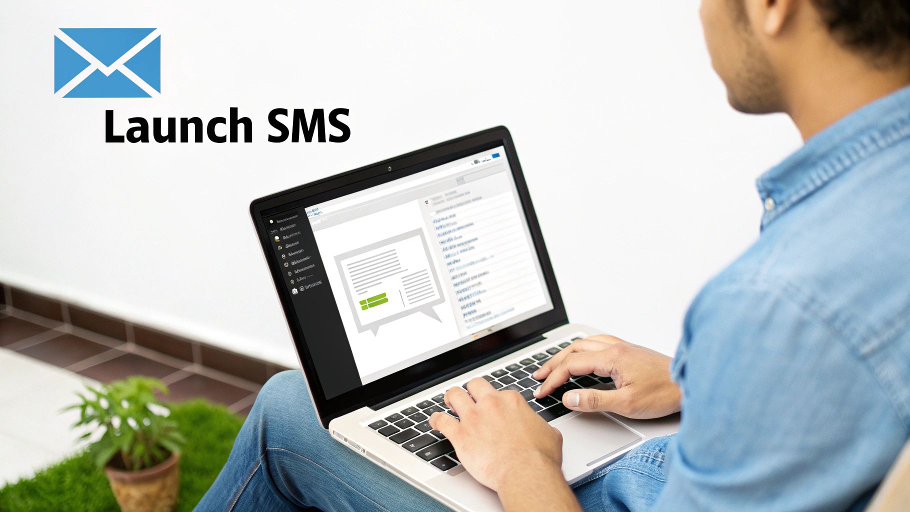 A person types on a laptop, using an SMS messaging application with 'Launch SMS' text.