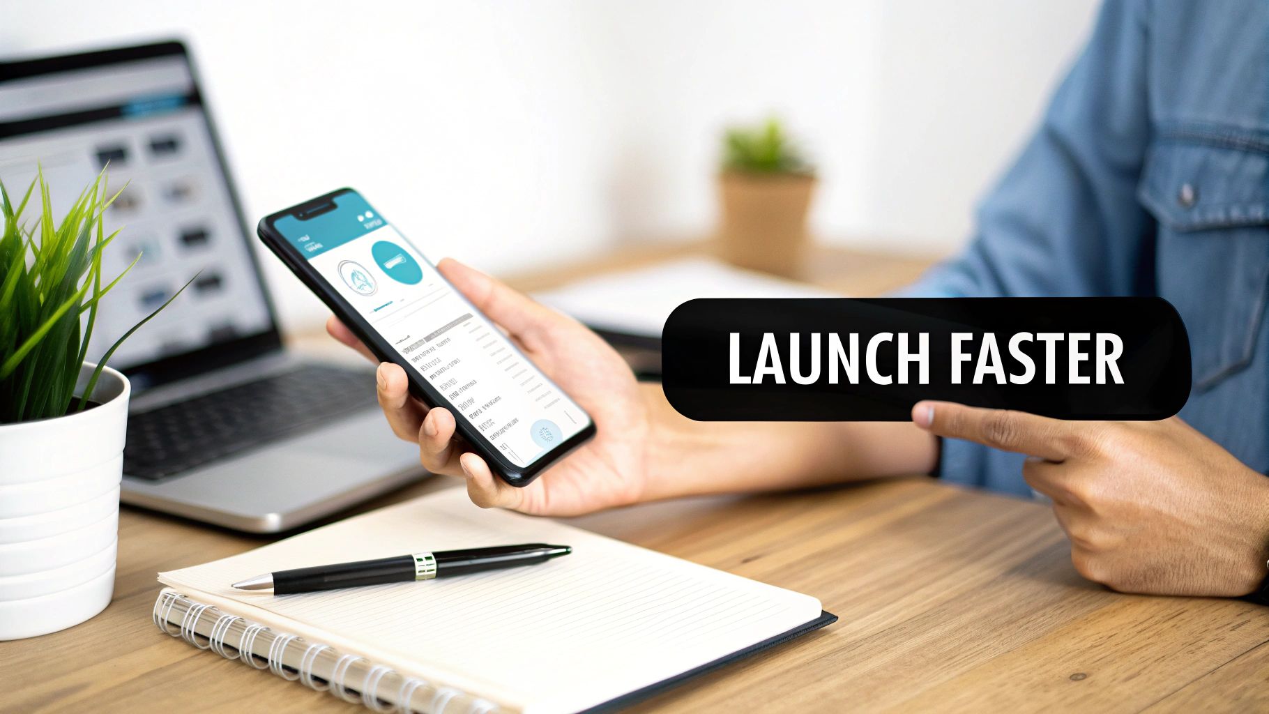 A person holds a smartphone displaying an app interface, with a laptop and a plant on a desk.