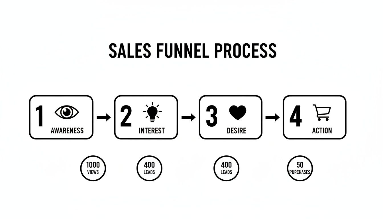 Sales funnel process diagram showing awareness, interest, desire, and action stages with metrics.