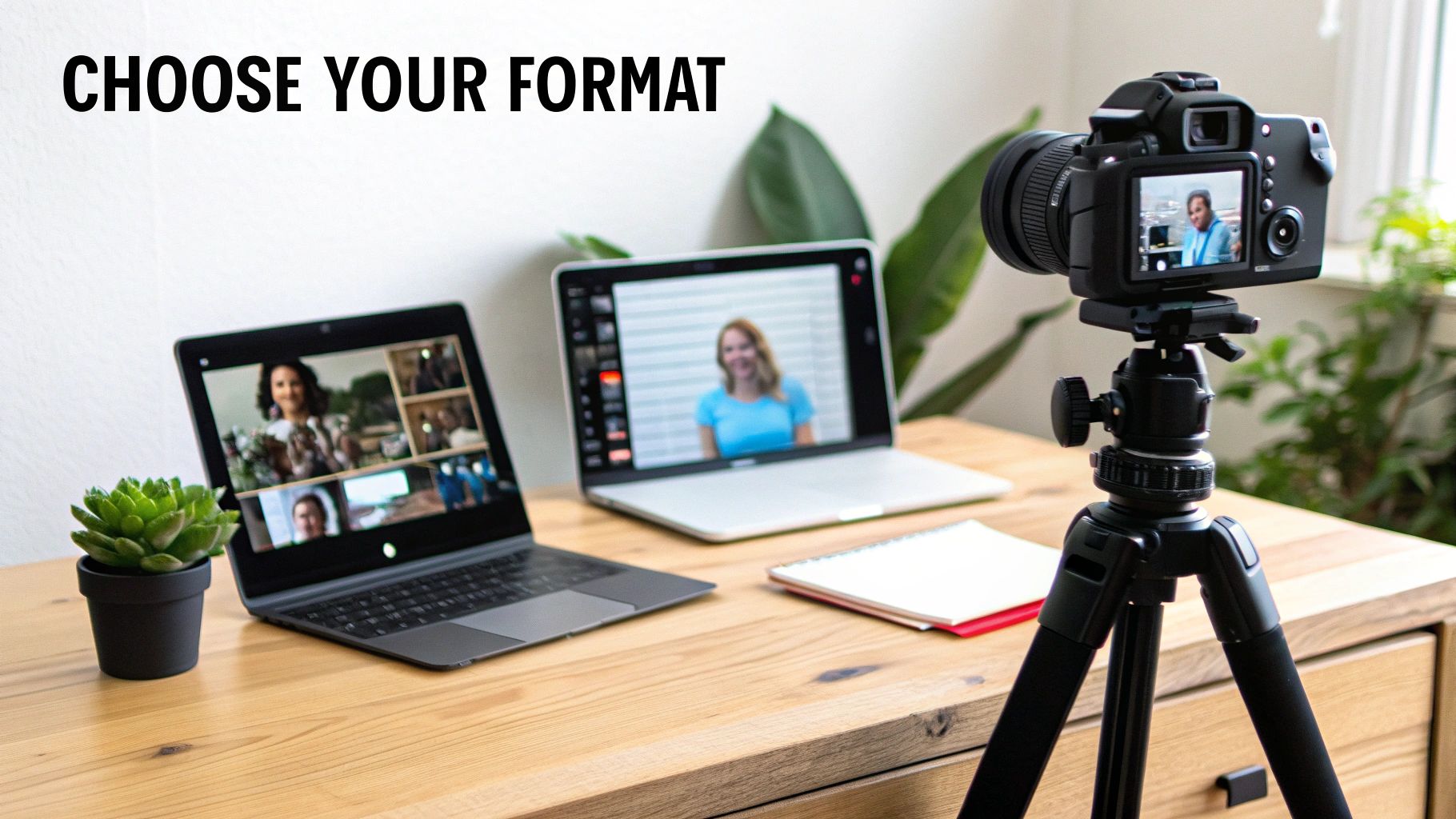 A desk with laptops and camera on tripod, demonstrating various video conferencing and recording formats.