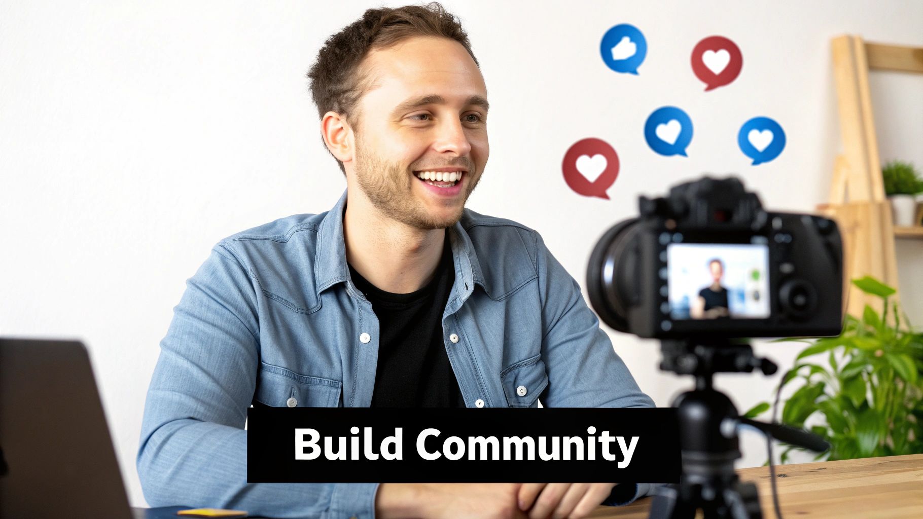 A smiling man vlogging into a camera with social media icons and 'Build Community' text overlay.