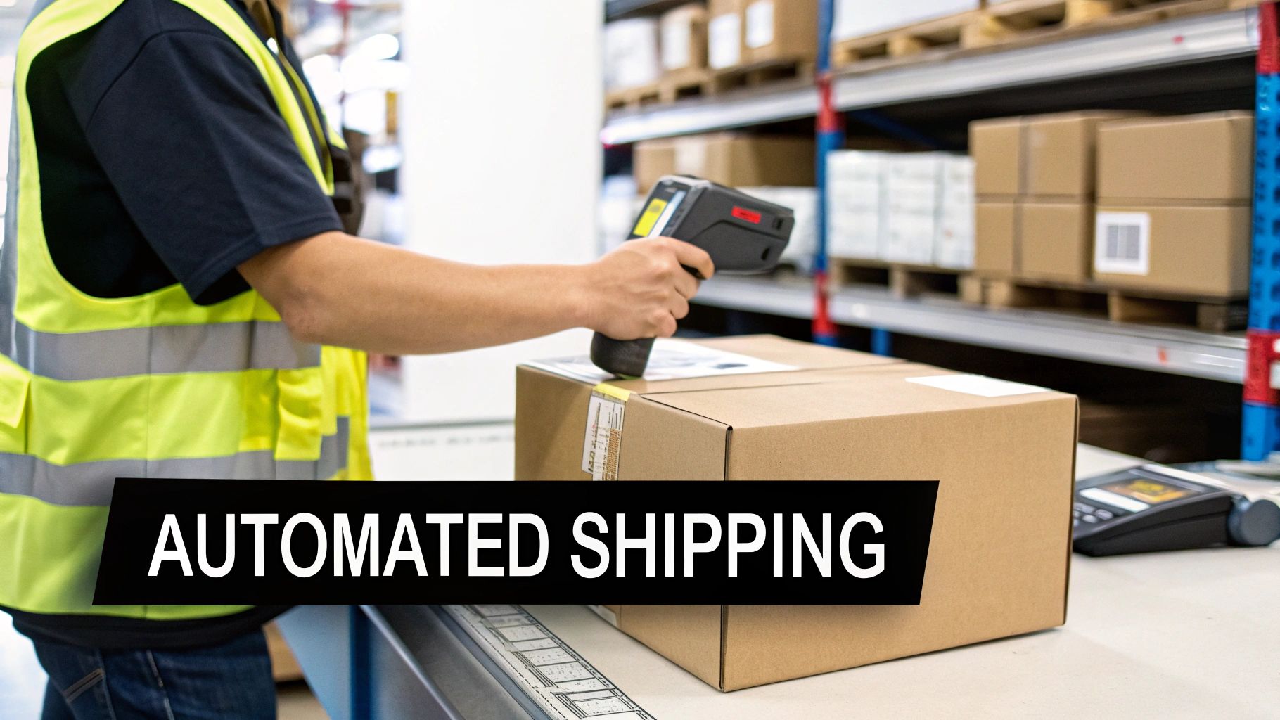 A warehouse worker in a safety vest scans a package on a conveyor belt for automated shipping.