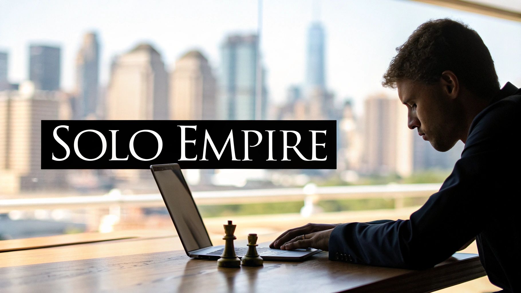 A man working on a laptop with chess pieces, overlooking a city skyline, with 'SOLO EMPIRE' text overlay.