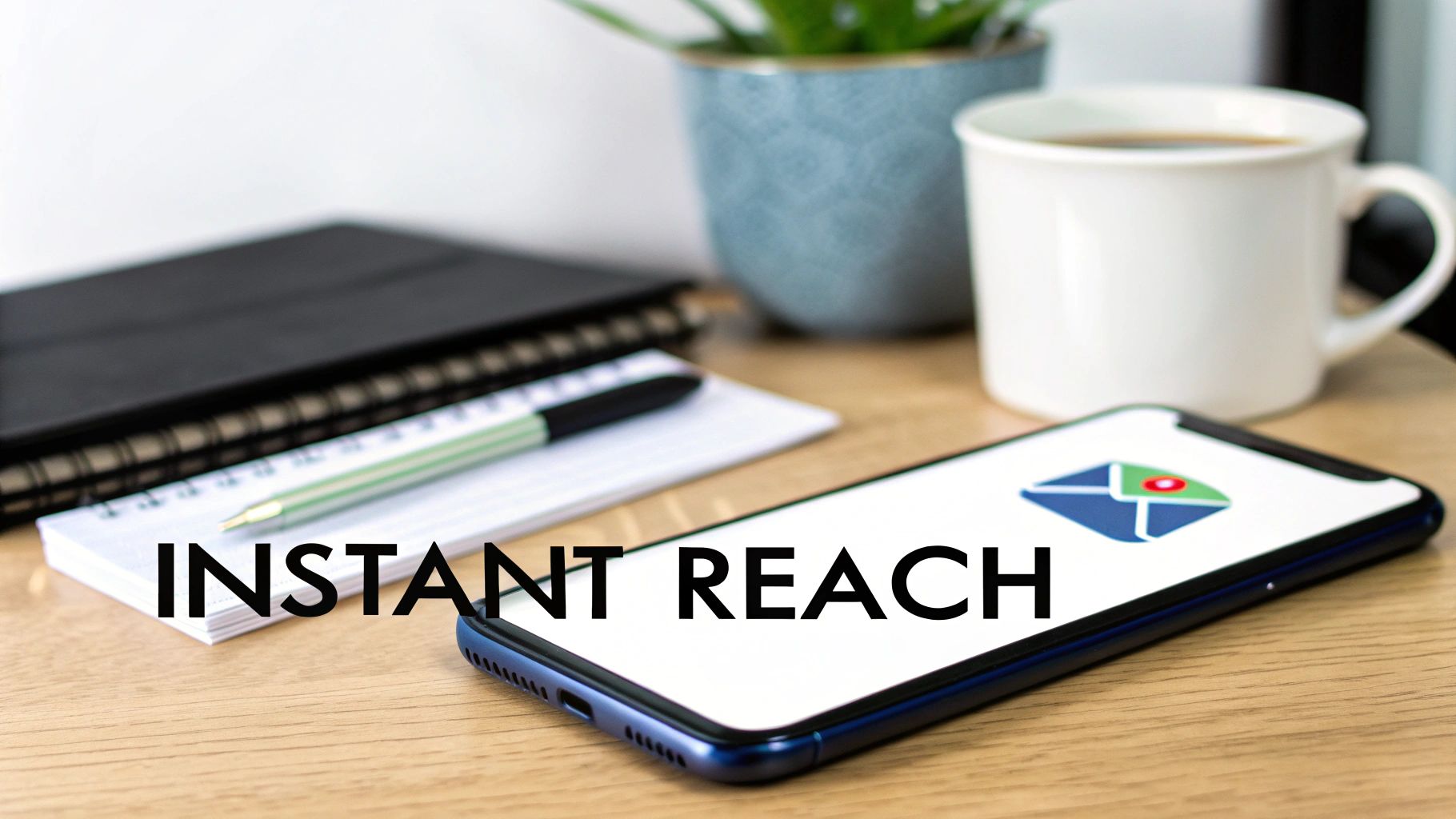 A smartphone displaying a message icon on a desk with a notebook, pen, and coffee, conveying instant communication.