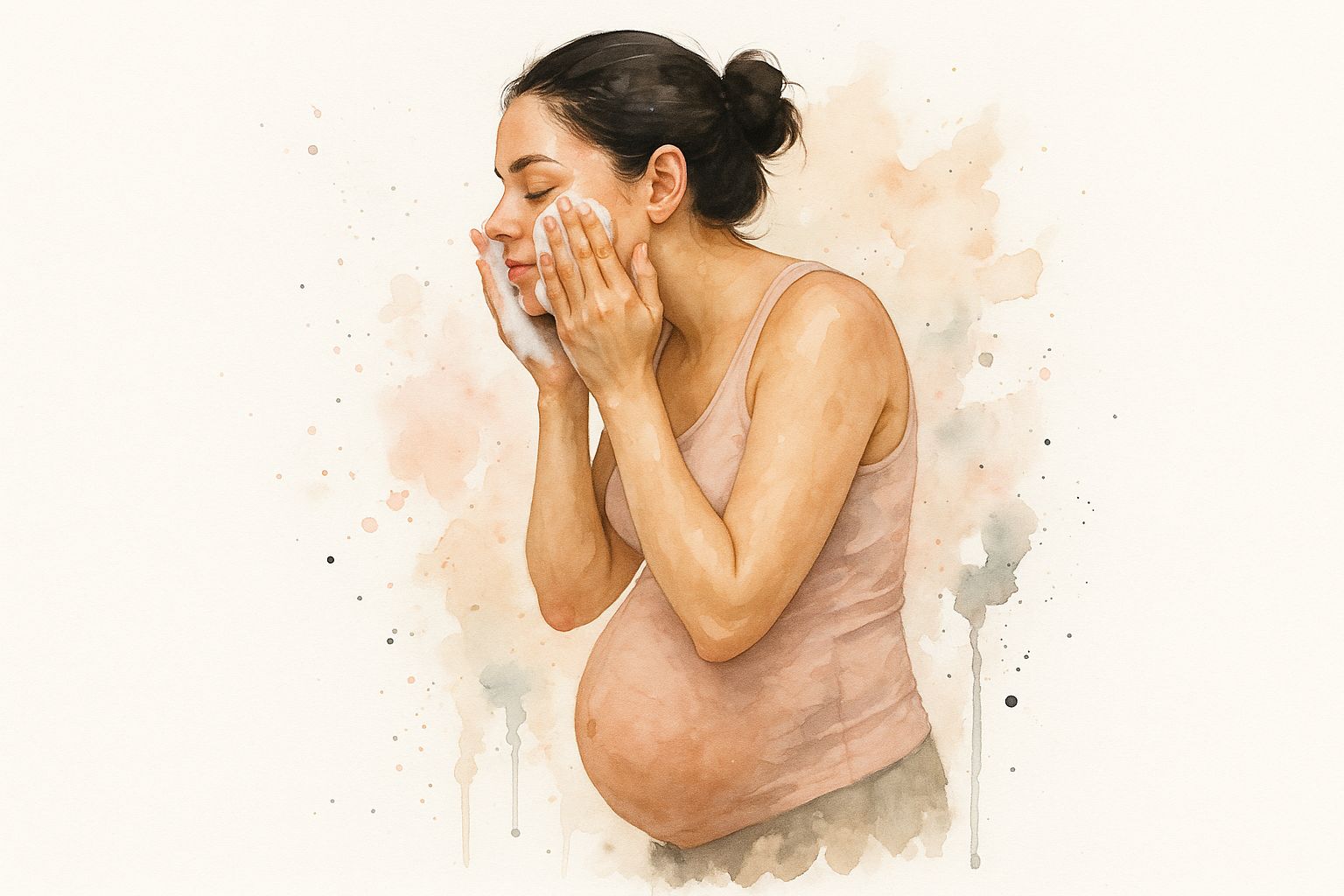 A smiling pregnant woman touching her face, suggesting a focus on skincare.