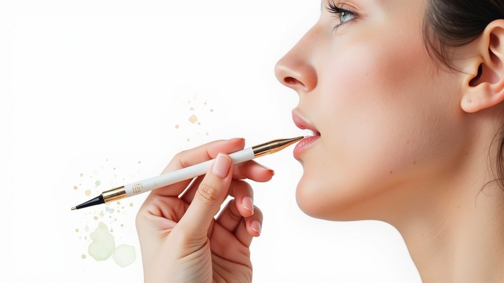 A professional aesthetician performing a microneedling treatment on a client's face.