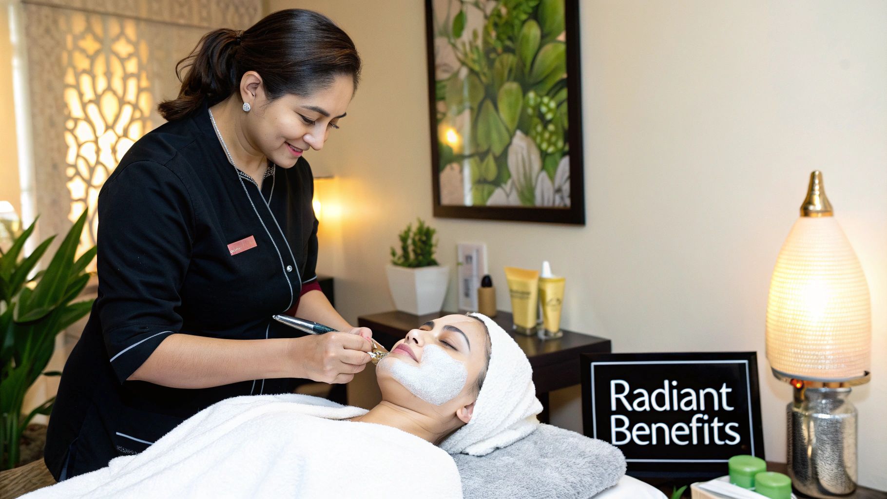 A woman with clear skin smiling while receiving a facial treatment
