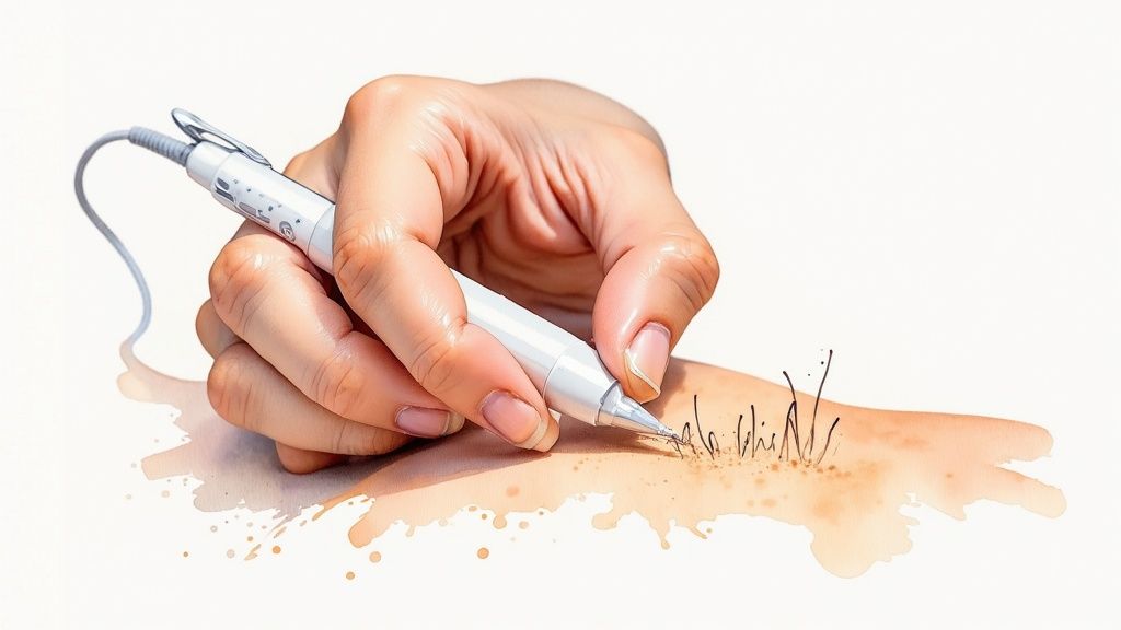 Woman with clear skin touching her face after a microneedling treatment