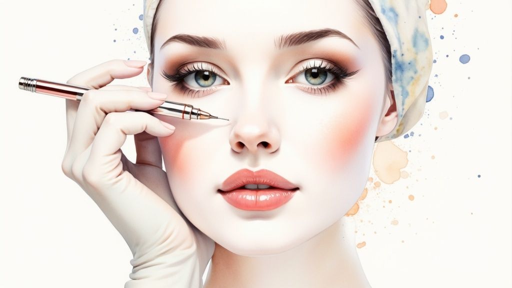 A woman receiving a microneedling treatment on her face from a professional aesthetician.