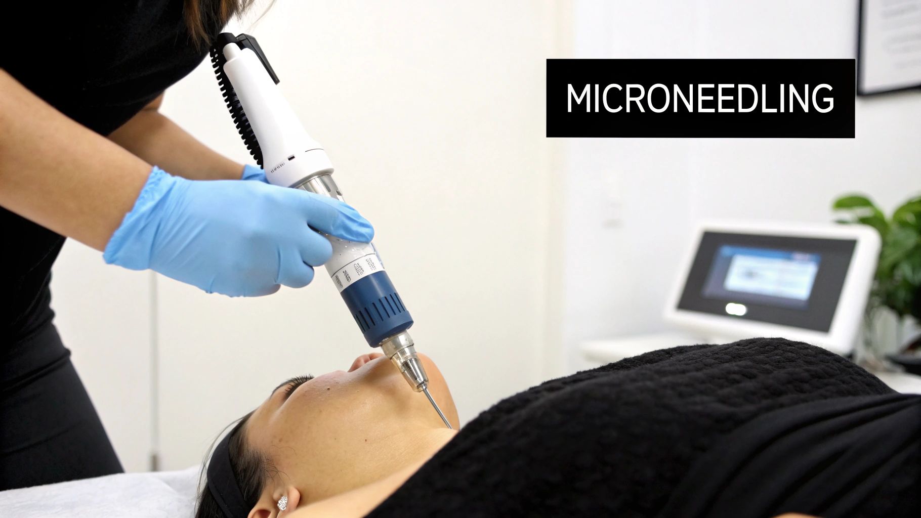 Aesthetician performing a microneedling facial treatment on a client's cheek to improve skin texture. Aesthetician performing a microneedling facial treatment on a client's cheek to improve skin texture.