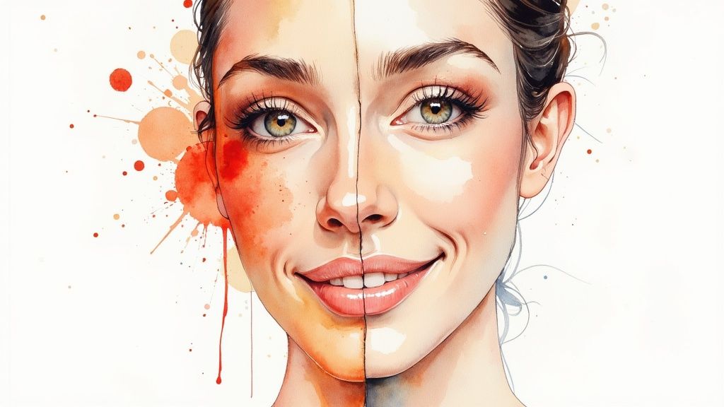 A woman with glowing skin, representing the anti-aging benefits of Vitamin C serum.