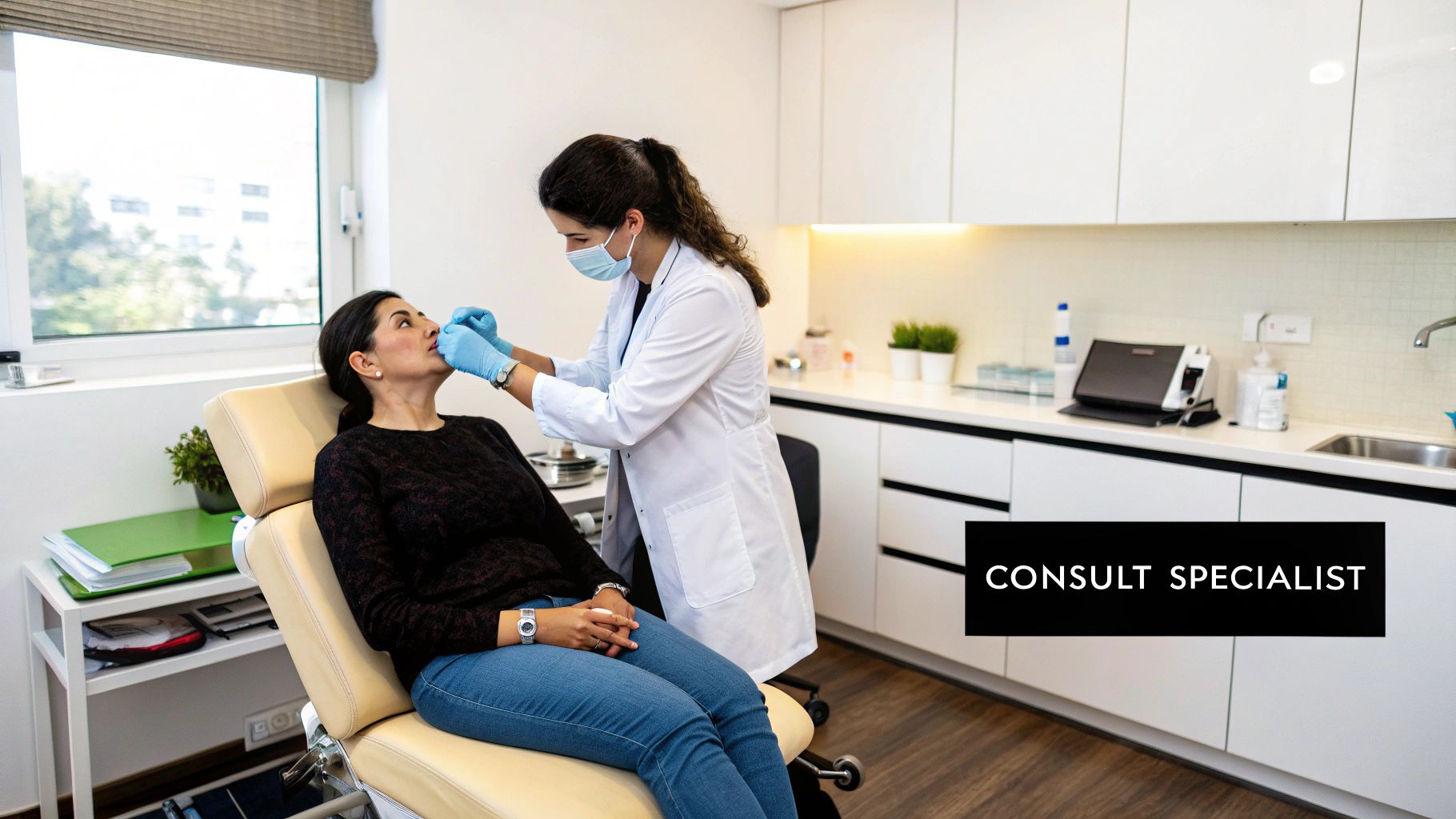 A woman applying skincare product to her face in preparation for a treatment.