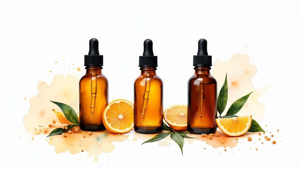 A variety of different Vitamin C serum bottles on a clean, modern background.