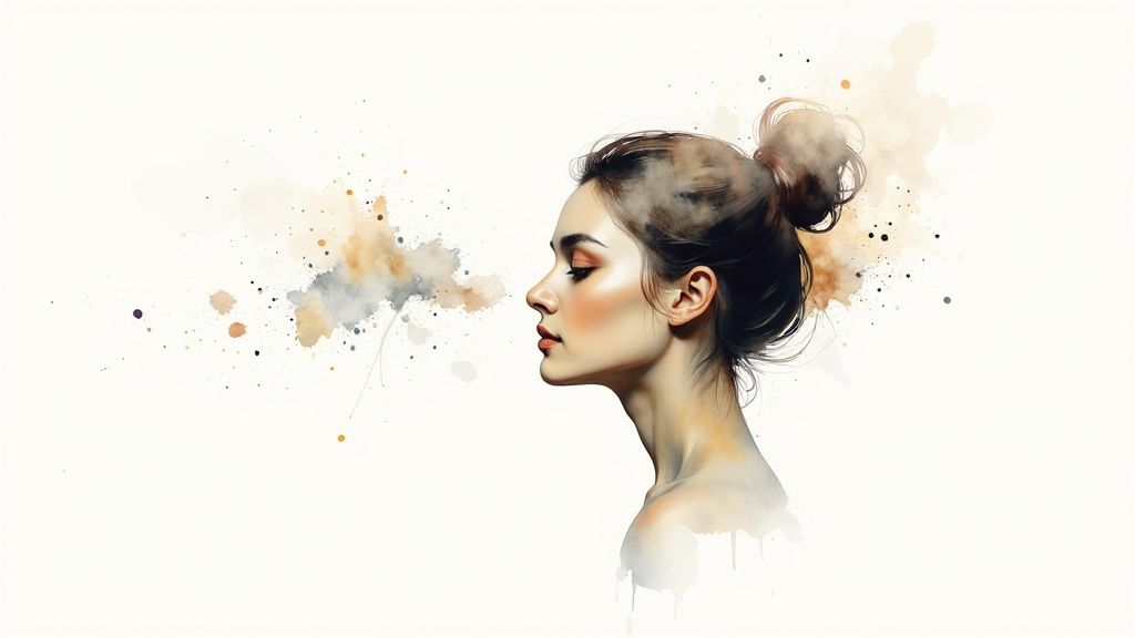 Close-up of a woman's face showing her skin's texture.