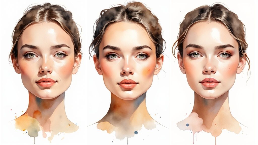 Woman's face with text overlay describing different skin goals