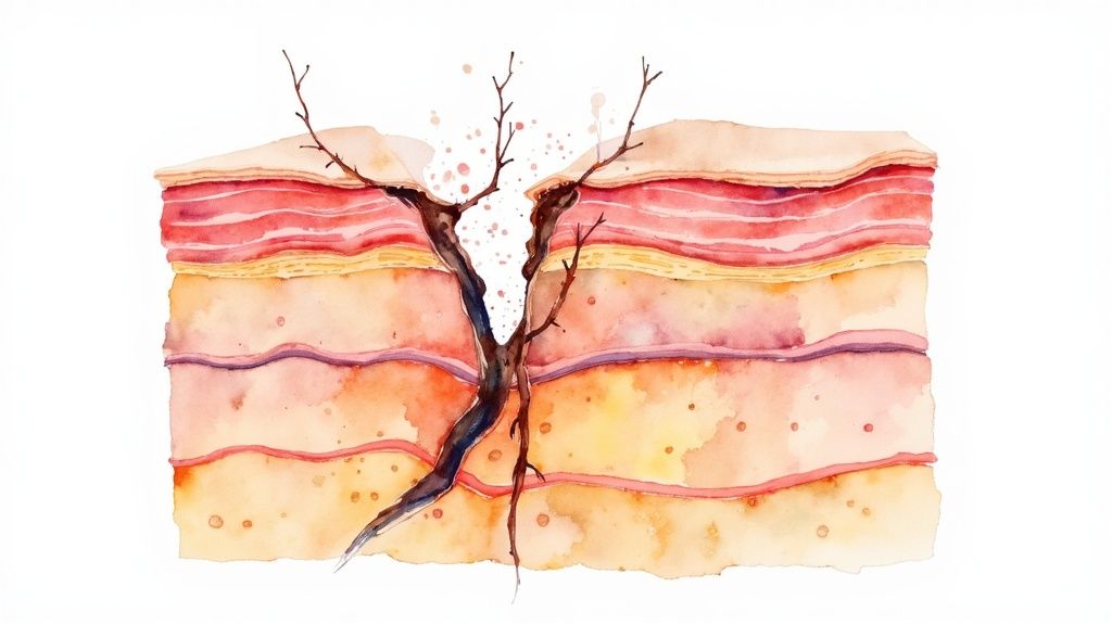 Woman shielding her face from bright sunlight in an urban environment.