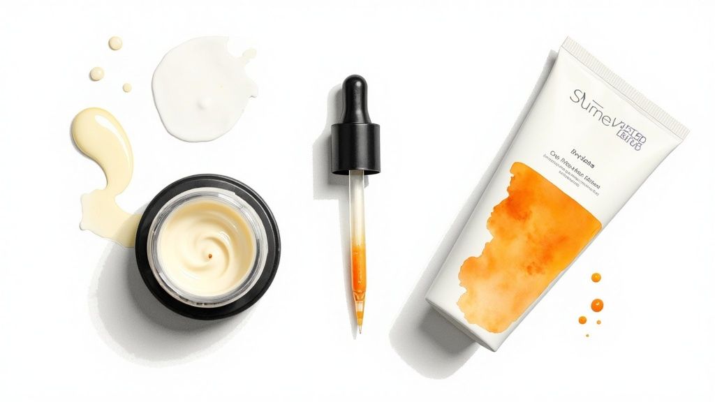 A woman with irritated, red skin looking in a mirror.