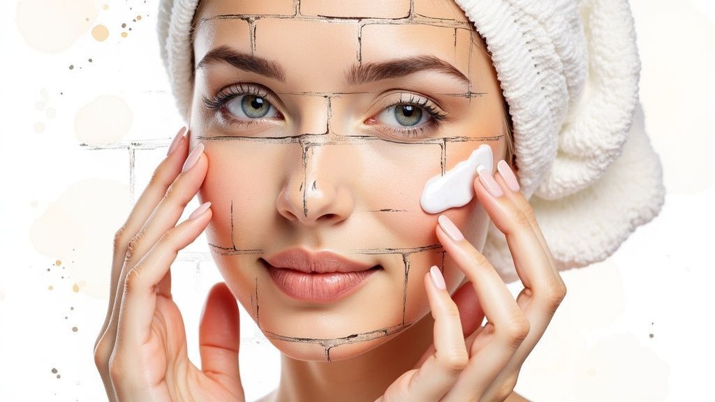Woman gently applying moisturizer to her face, highlighting a calm and soothing skincare routine.