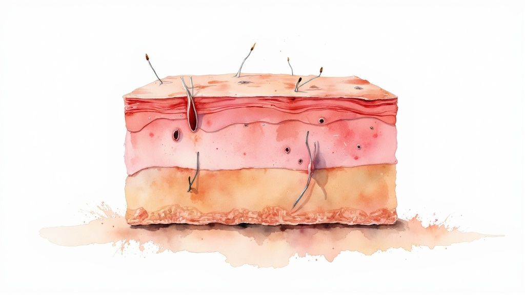 Diagram showing the skin's layers with arrows indicating healing process