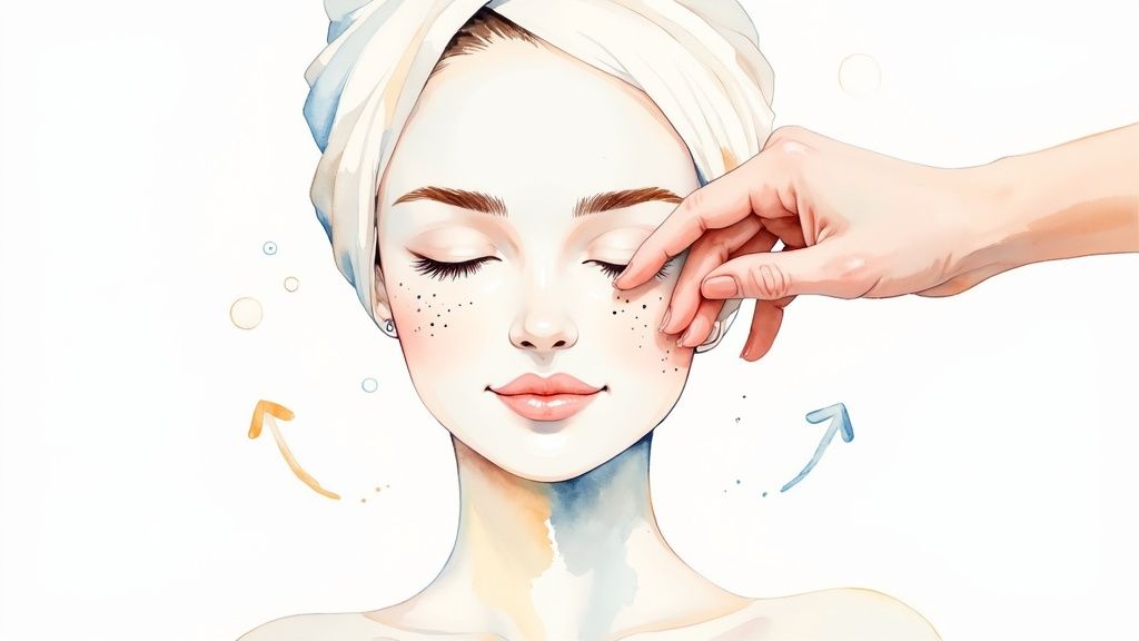 Woman with calm skin patting moisturizer onto her face gently.