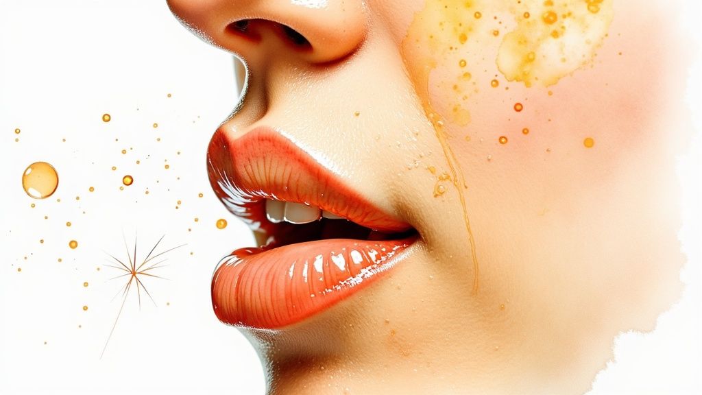 A bottle of Vitamin C serum next to sliced oranges, illustrating the natural source of the ingredient.